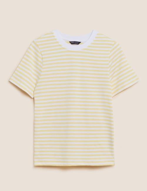 Sarı Saf Pamuklu Çizgili T-Shirt