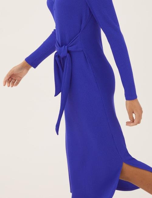 Mavi Regular Fit V Yaka Midi Elbise