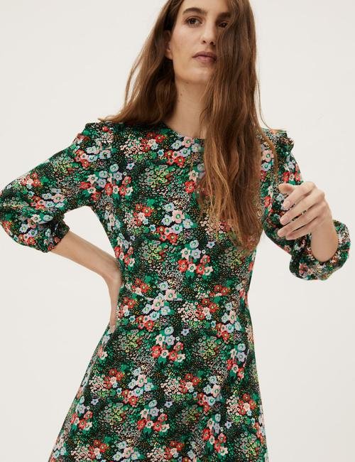 Multi Renk Çiçek Desenli Midi Elbise