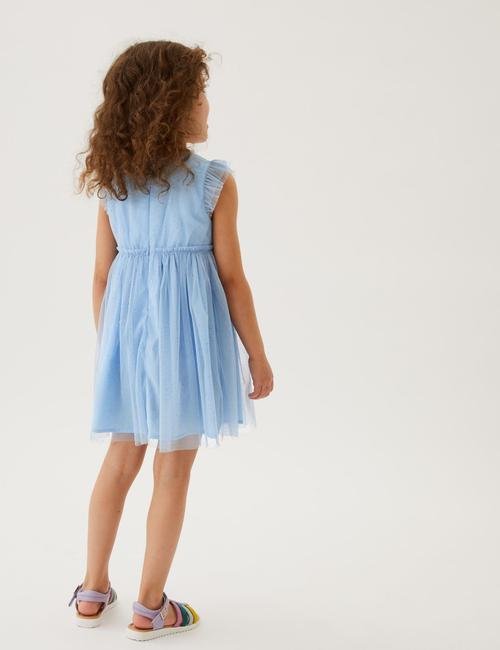 Mavi Kelebek Detaylı Mini Elbise (2-7 Yaş)
