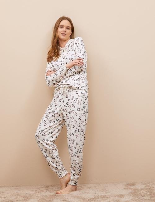 Bej Flexifit™ Leopar Desenli Kapüşonlu Pijama Üstü