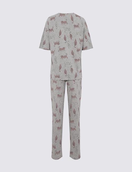 Gri Leopar Desenli Kısa Kollu Pijama Takımı