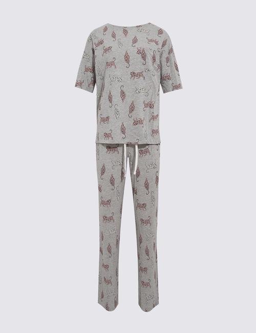 Gri Leopar Desenli Kısa Kollu Pijama Takımı