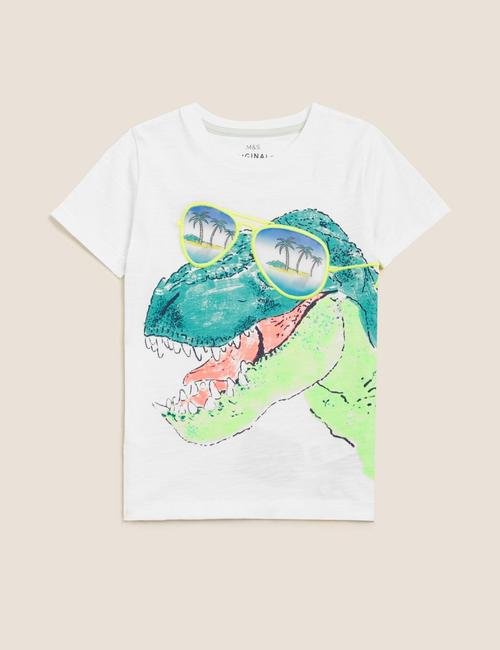 Beyaz Saf Pamuklu Dinozor Desenli T-Shirt (2-7 Yaş)