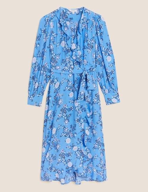Mavi Çiçek Desenli Midi Elbise