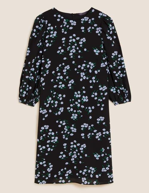 Siyah Çiçek Desenli Uzun Kollu Mini Elbise