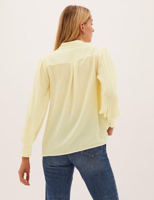 Sarı Pile Detaylı Uzun Kollu Gömlek