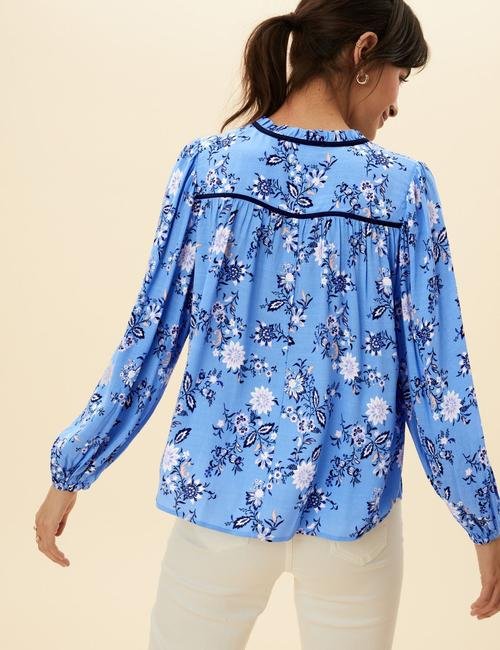 Mavi Çiçek Desenli Uzun Kollu Bluz