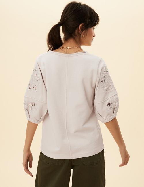 Beyaz Saf Pamuklu İşleme Detaylı Sweatshirt