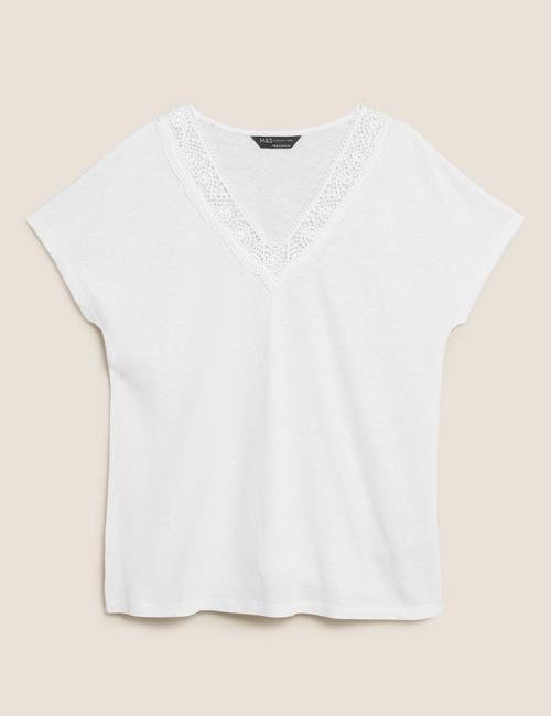 Beyaz Dantel Detaylı Keten T-Shirt