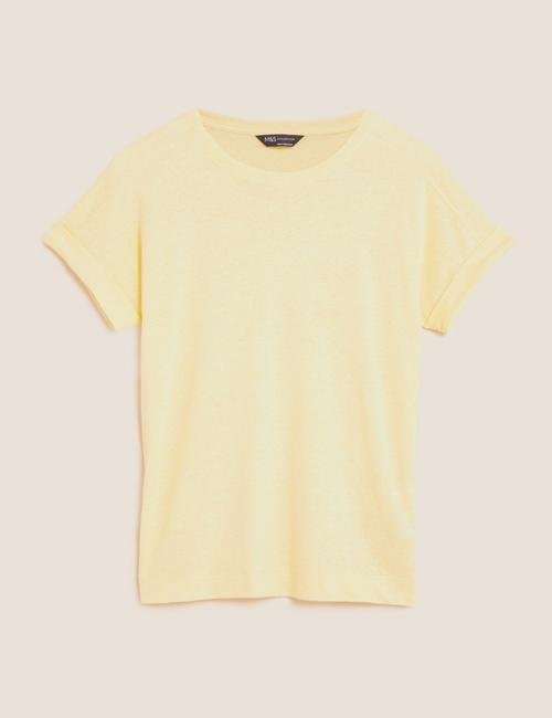 Sarı Kısa Kollu Keten T-Shirt