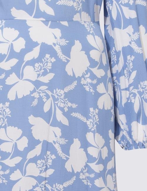 Mavi Çiçek Desenli Uzun Kollu Midi Elbise