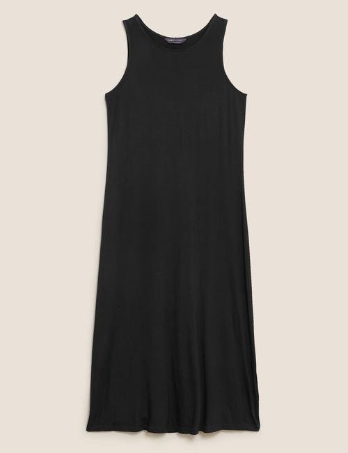 Siyah Yuvarlak Yaka Örme Midi Elbise