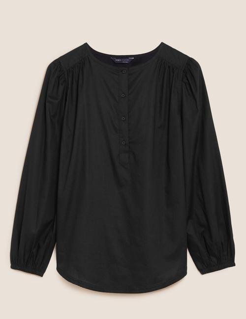 Siyah Saf Pamuklu Uzun Kollu Bluz