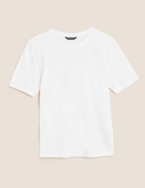 Beyaz Saf Pamuklu İşleme Detaylı T-Shirt
