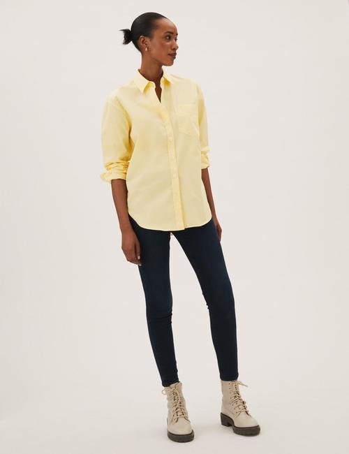 Sarı Saf Pamuklu Uzun Kollu Oversize Gömlek