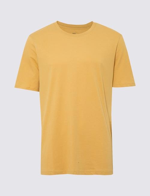 Sarı Saf Pamuklu Yuvarlak Yaka T-Shirt
