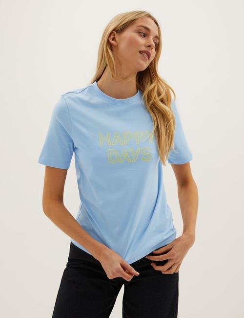 Mavi Saf Pamuklu Slogan Detaylı T-Shirt