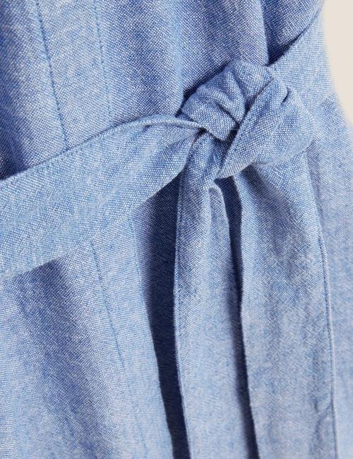 Mavi Yırtmaç Detaylı Keten Gömlek Elbise
