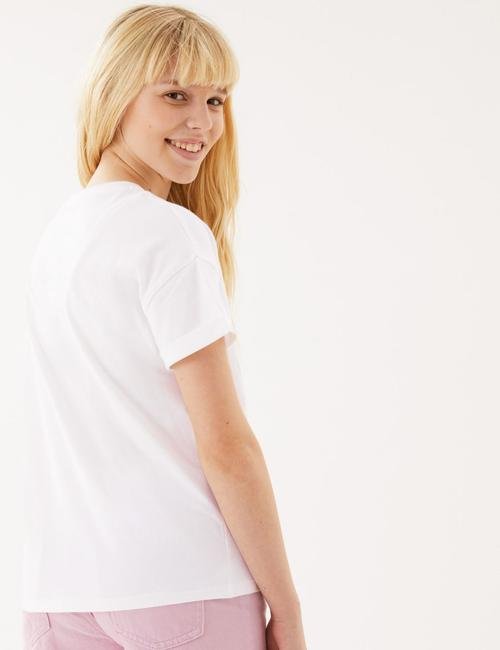 Beyaz Saf Pamuklu Pul Detaylı T-Shirt (6-16 Yaş)
