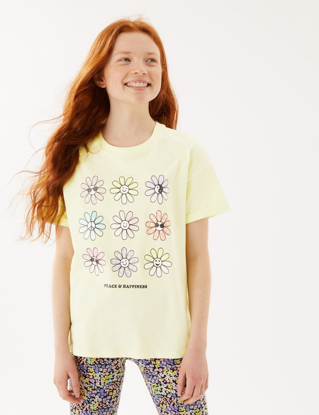 Saf Pamuklu Çiçek Desenli T-Shirt (6-16 Yaş)