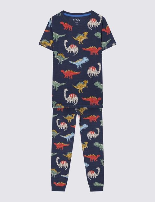 Multi Renk Dinozor Desenli Kısa Kollu Pijama Takımı