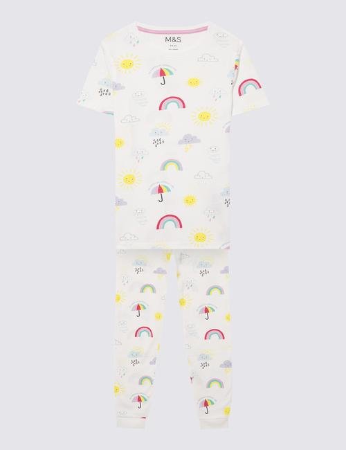 Beyaz Grafik Desenli Kısa Kollu Pijama Takımı