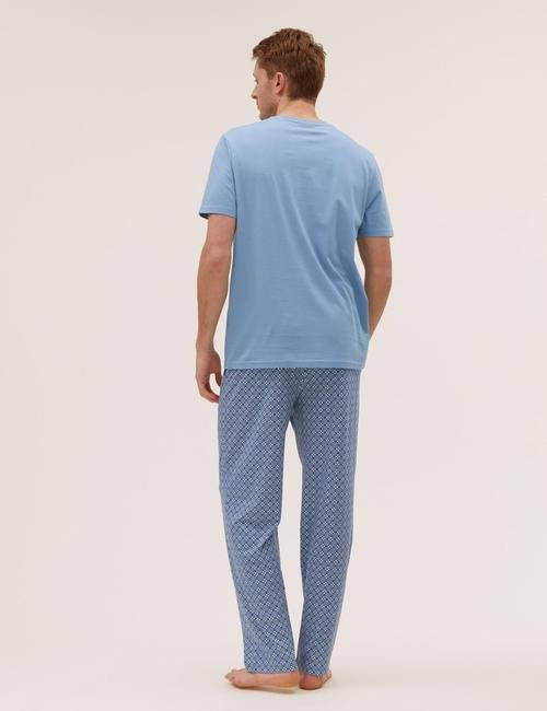 Mavi Saf Pamuklu Kısa Kollu Pijama Takımı