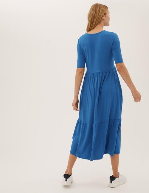 Mavi Regular Fit Kısa Kollu Midi Elbise