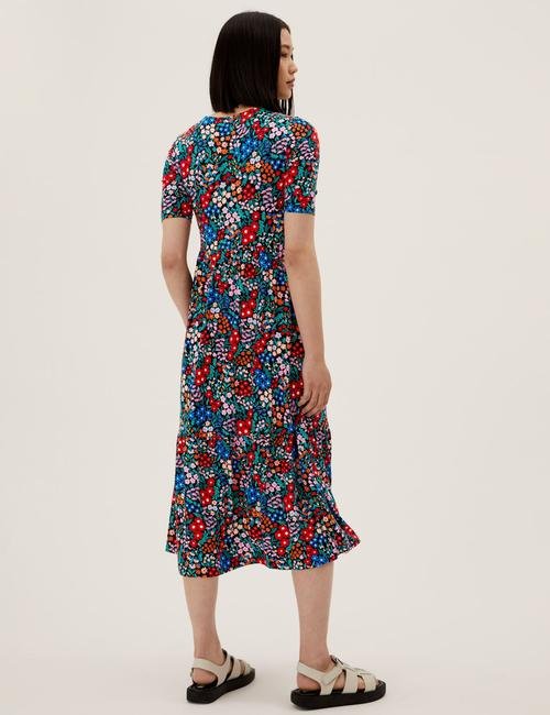 Multi Renk Çiçek Desenli Midi Örme Elbise