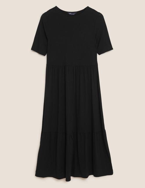 Siyah Regular Fit Kısa Kollu Midi Elbise