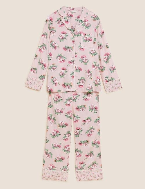 Pembe Çiçek Desenli Uzun Kollu Pijama Takımı
