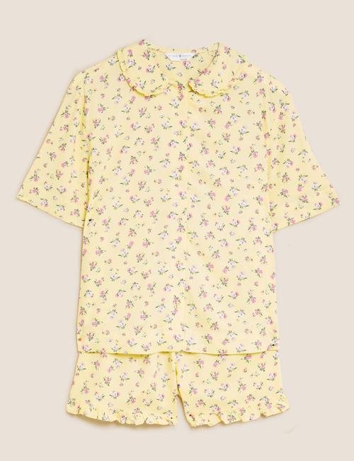 Sarı Çiçek Desenli Kısa Kollu Pijama Takımı