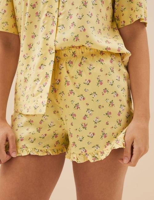 Sarı Çiçek Desenli Kısa Kollu Pijama Takımı