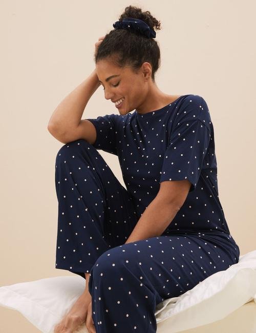 Lacivert Puantiye Desenli Kısa Kollu Pijama Takımı
