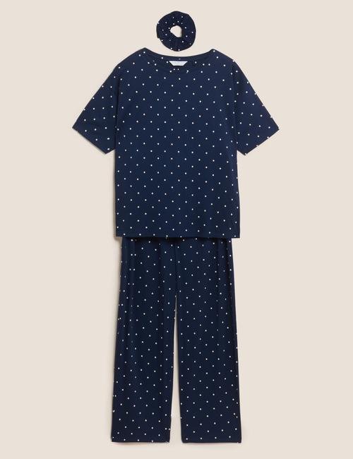 Lacivert Puantiye Desenli Kısa Kollu Pijama Takımı