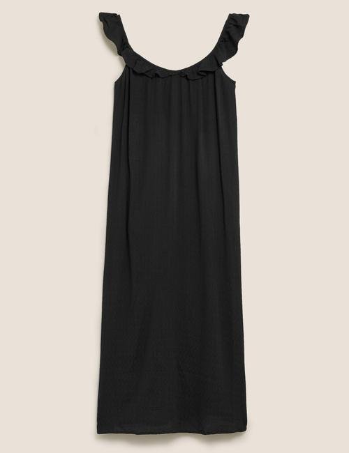 Siyah Fırfır Detaylı Midi Elbise