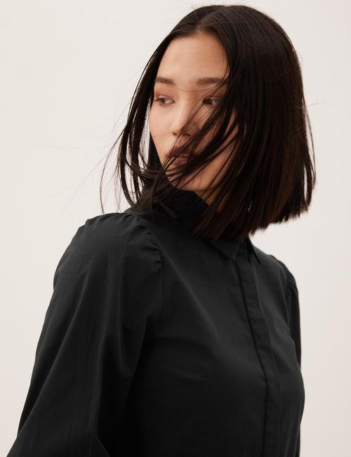 Siyah Saf Pamuklu Midi Gömlek Elbise
