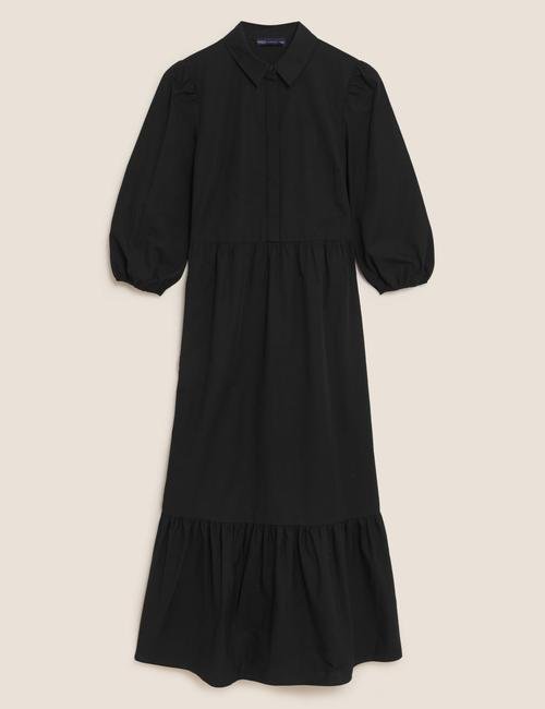 Siyah Saf Pamuklu Midi Gömlek Elbise