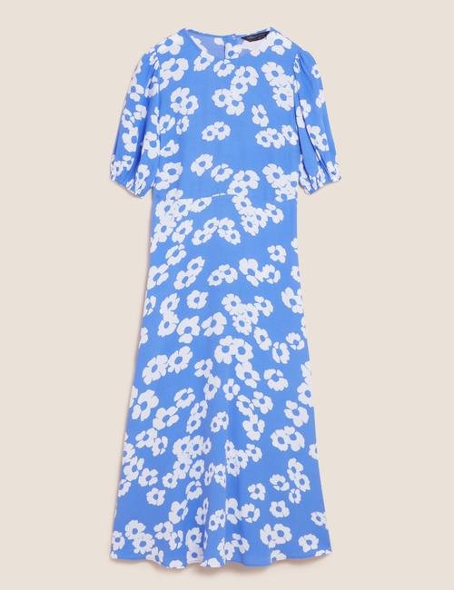 Mavi Çiçek Desenli Midi Elbise