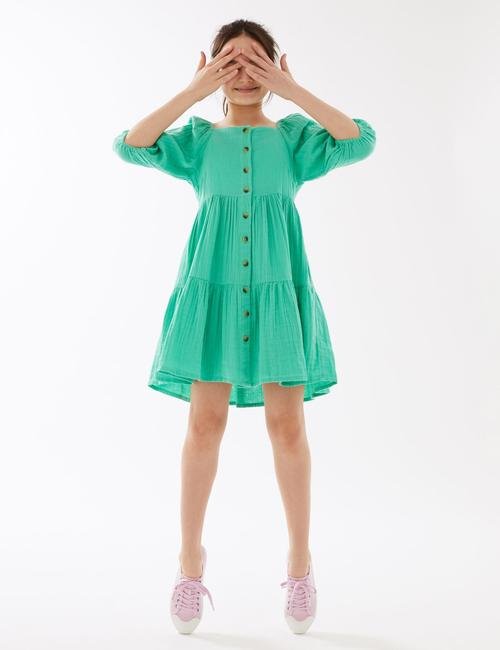Yeşil Saf Pamuklu Düğme Detaylı Elbise (6-16 Yaş)