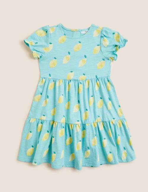 Mavi Saf Pamuklu Limon Desenli Elbise (2-7 Yaş)