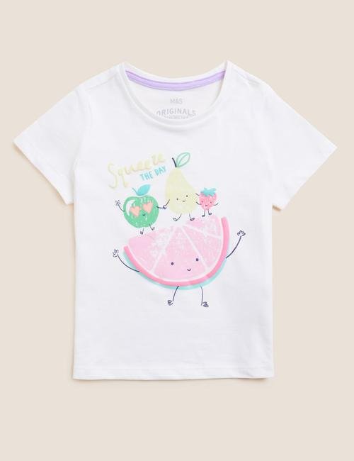 Beyaz Saf Pamuklu Meyve Desenli T-Shirt (2-7 Yaş)
