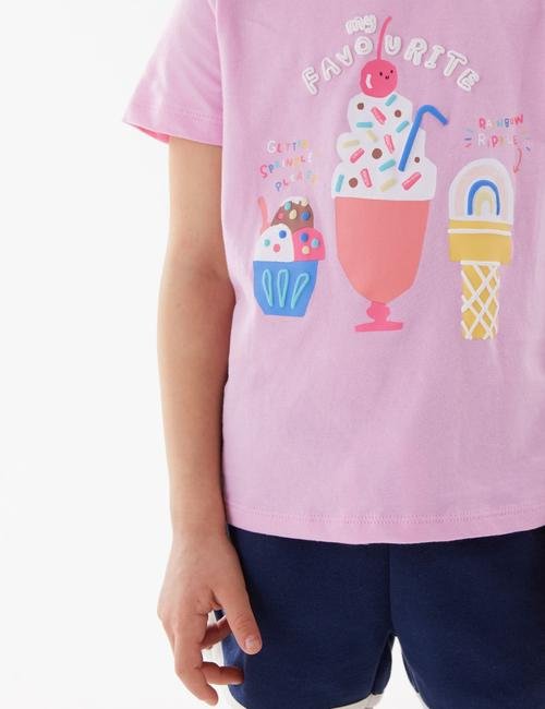 Pembe Saf Pamuklu Dondurma Desenli T-Shirt (2-7 Yaş)