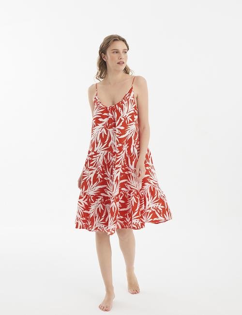 Kırmızı Palmiye Desenli Askılı Plaj Elbisesi