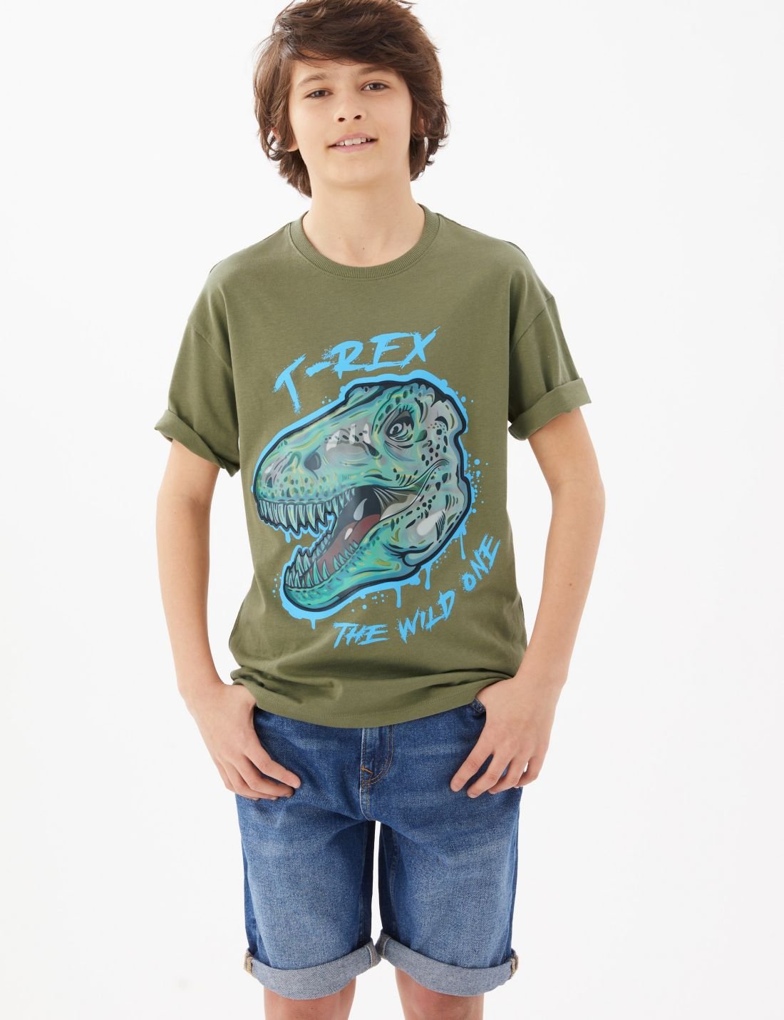 Saf Pamuklu Dinozor Desenli T-Shirt (6-16 Yaş)
