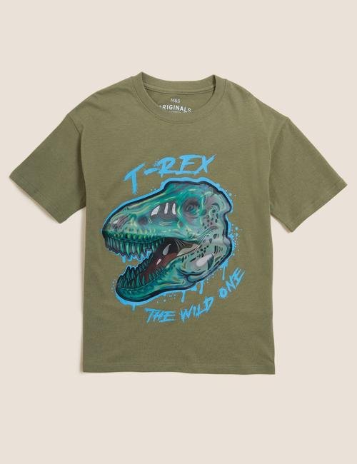 Yeşil Saf Pamuklu Dinozor Desenli T-Shirt (6-16 Yaş)
