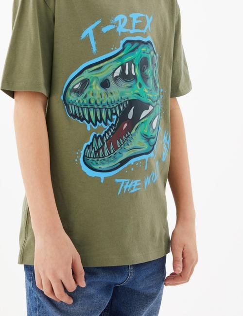 Yeşil Saf Pamuklu Dinozor Desenli T-Shirt (6-16 Yaş)