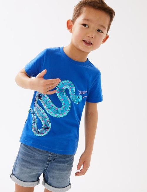 Mavi Saf Pamuklu Çift Yönlü Pul Detaylı T-Shirt (2-7 Yaş)