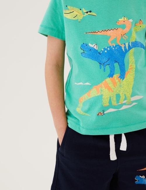 Yeşil Saf Pamuklu Dinozor Desenli T-Shirt (2-7 Yaş)